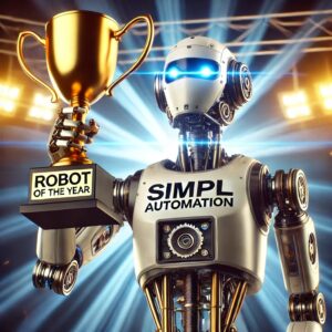 Award-winning robot holding a trophy labeled "Robot of the Year"
